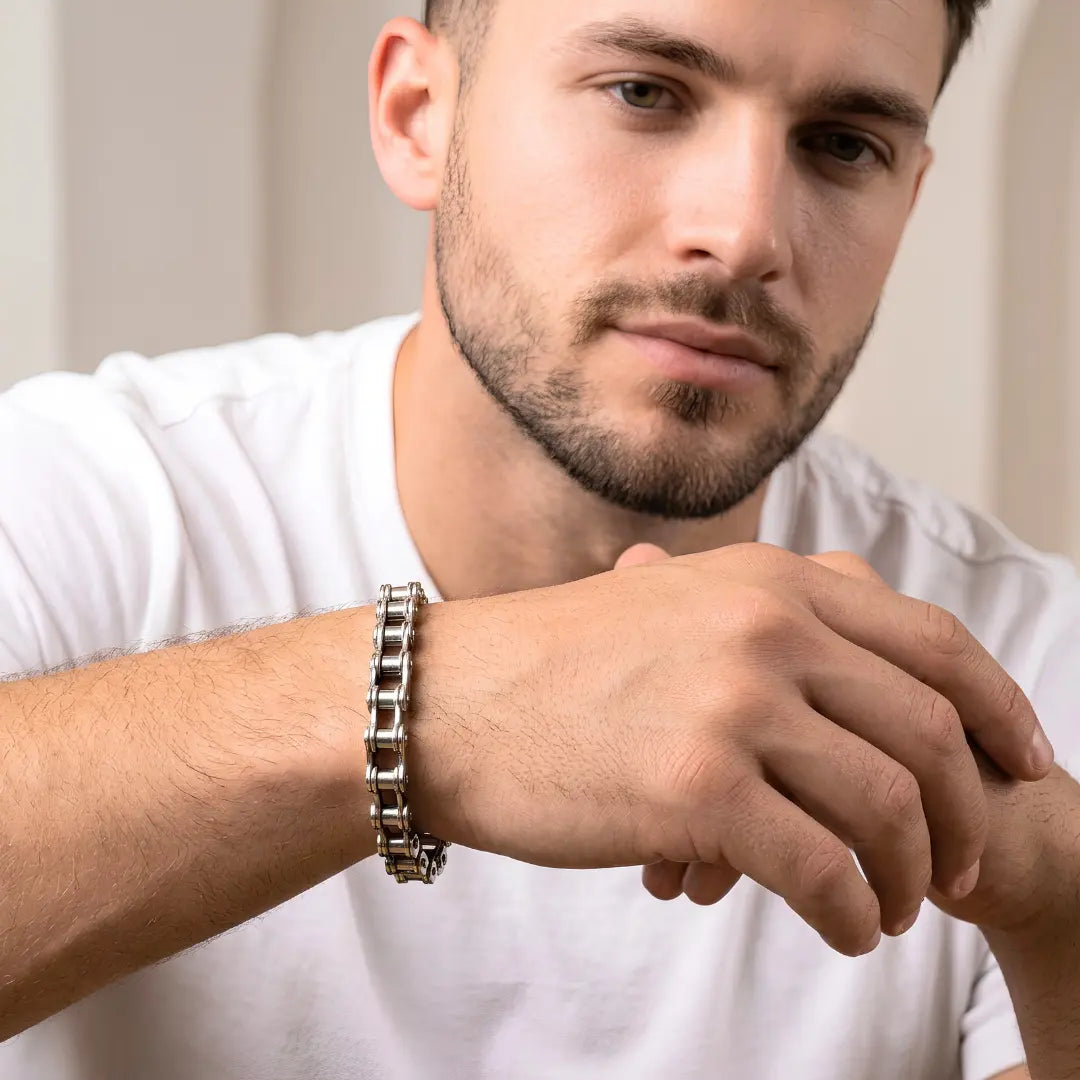 Bicycle Motorcycle Chain Bracelet – 21cm 12mm Industrial Roller Chain Link Bracelet in Gold & Silver for Men